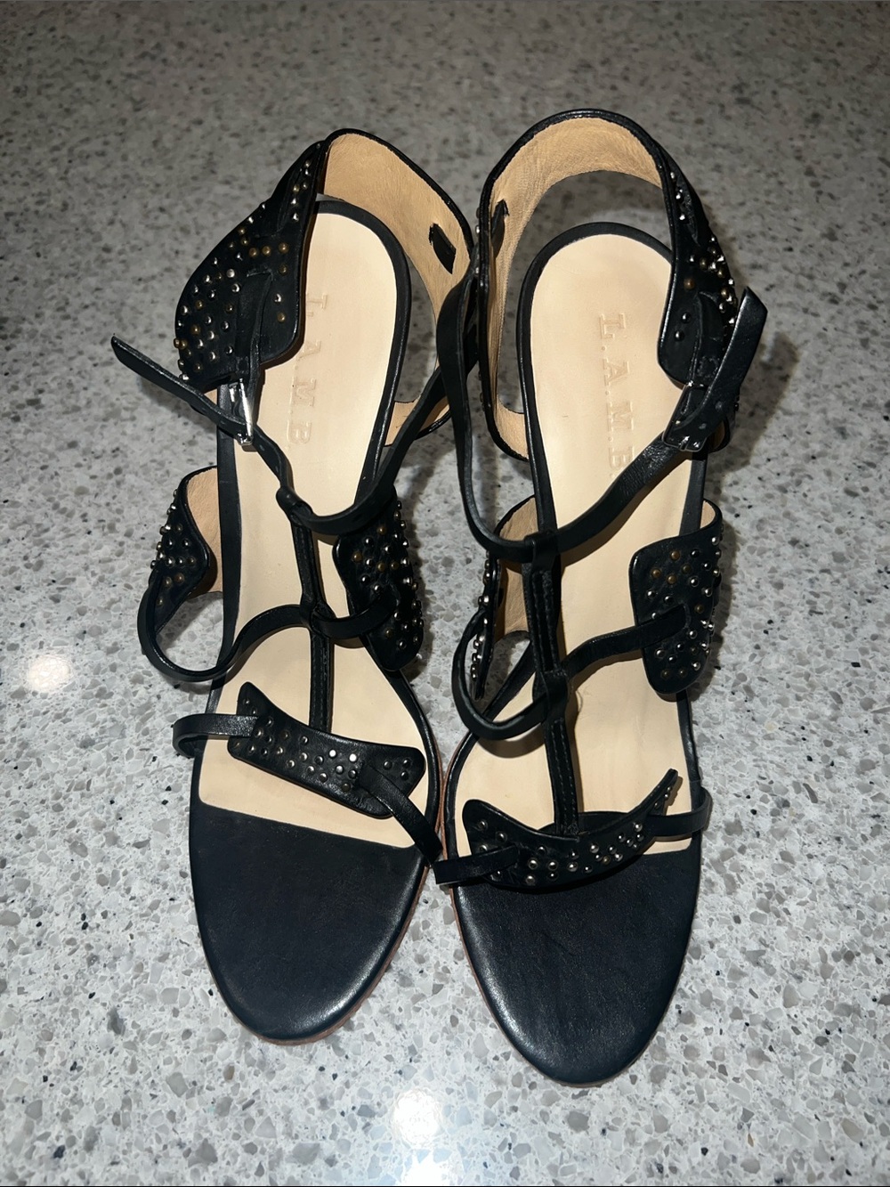 L.A.M.B. - Black Leather Strappy Pumps W/ Studded Trim - Picture 4 of 7